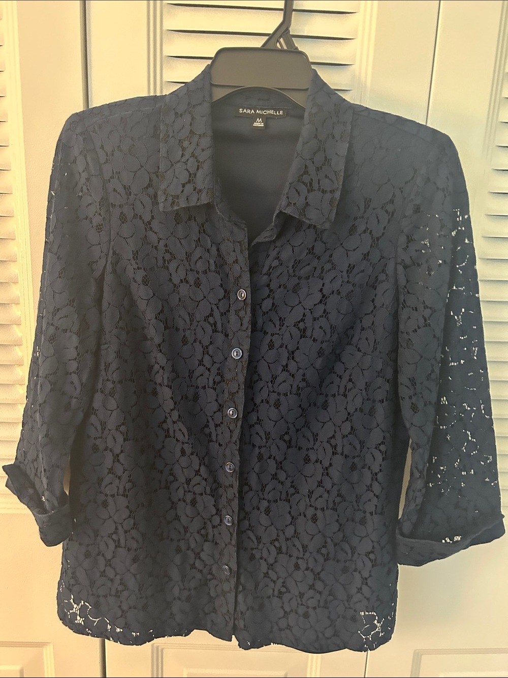Sara Michelle Navy Floral Lace Button-Down Blouse